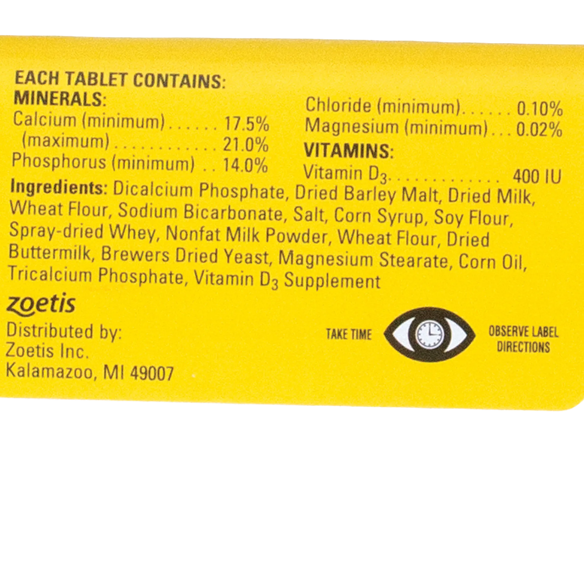 Pet-Cal® Tablets,"Back of yellow package with supplement facts panel"