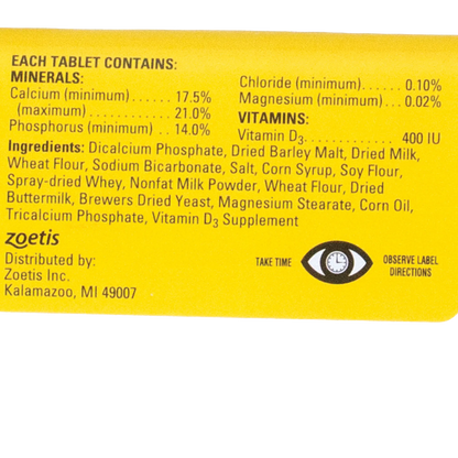 Pet-Cal® Tablets,"Back of yellow package with supplement facts panel"
