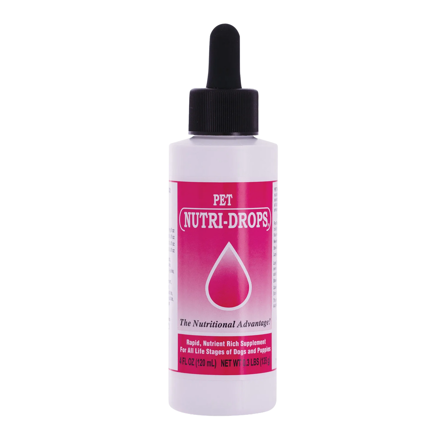 Pet Nutri-Drops®,"White dropper bottle with black cap and pink front label"