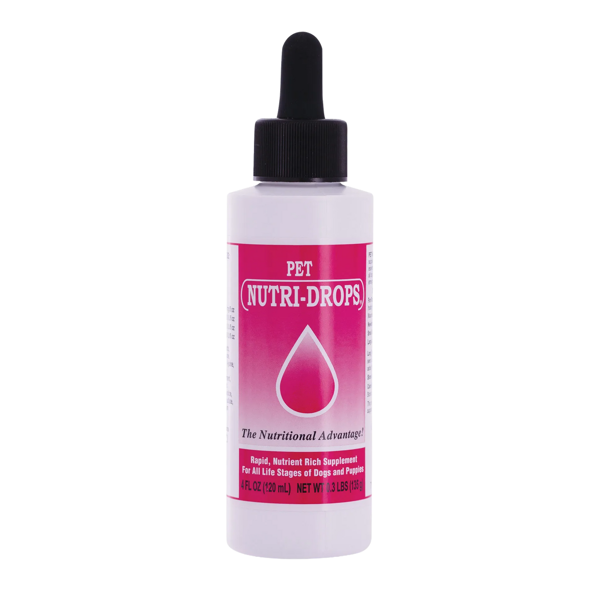 Pet Nutri-Drops®,"White dropper bottle with black cap and pink front label"