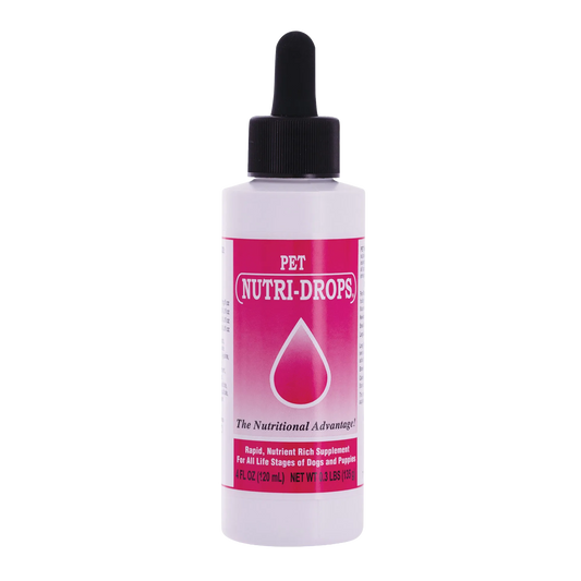Pet Nutri-Drops®,"White dropper bottle with black cap and pink front label"