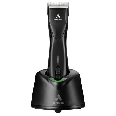 Pulse ZR II Detachable Blade Clipper with 10CeramicEdge blade by Andis,"Black cordless clipper standing in charging dock"