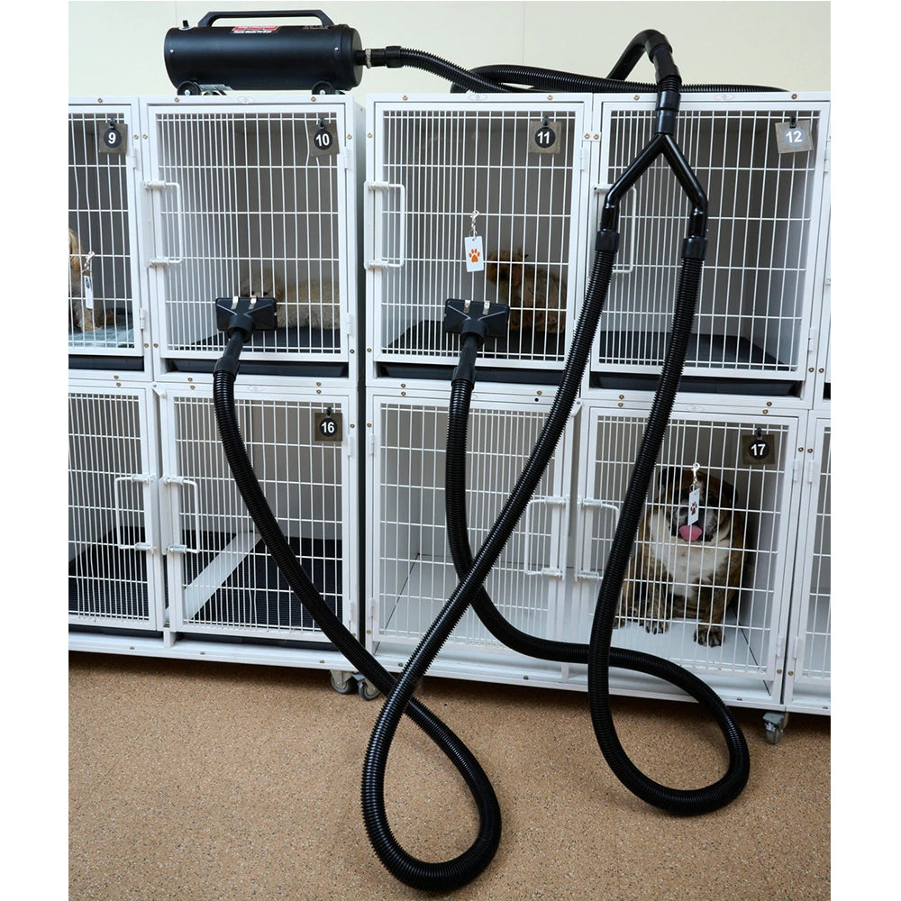 Dual Cage Dryer Kit By Metrovac,"Dual cage dryer mounted on kennel bank with hoses"
