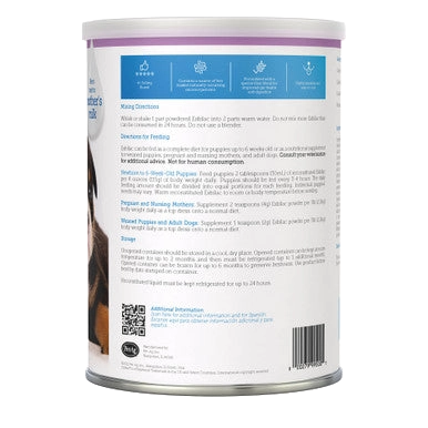 Esbilac® Puppy Milk Replacer,"Back of can with feeding directions label and barcode"