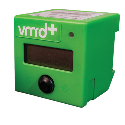 VMRD+ Reader,"Green reader unit with display window and black front sensor"