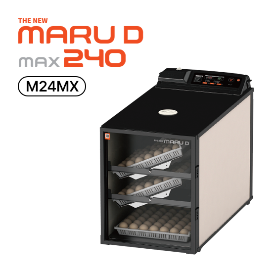 Maru 240D Incubator by Rcom USA,"Black egg incubator cabinet with three trays of eggs"