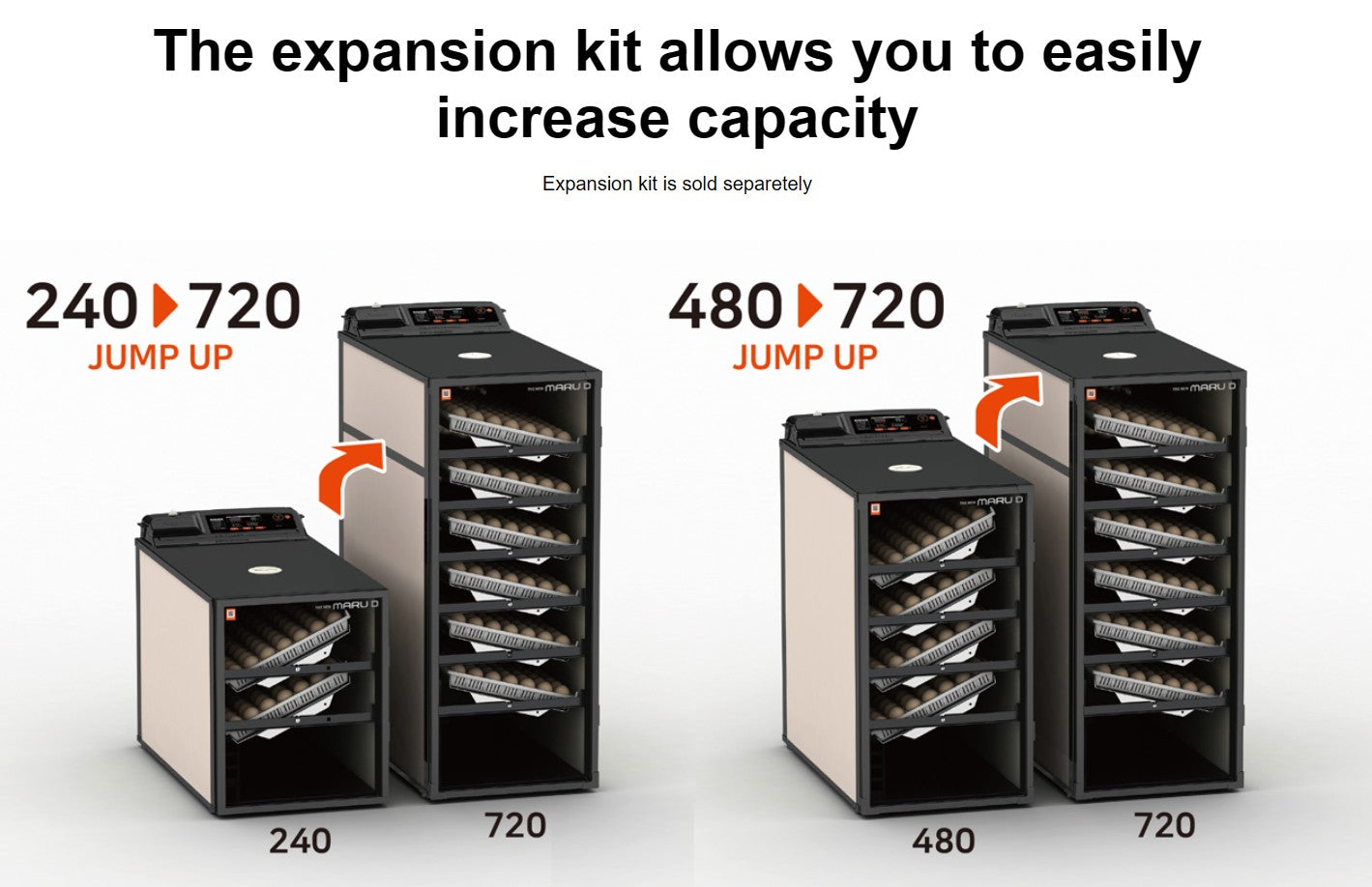 Maru 240D Incubator by Rcom USA,"Two incubator units with stacked egg trays comparison image"