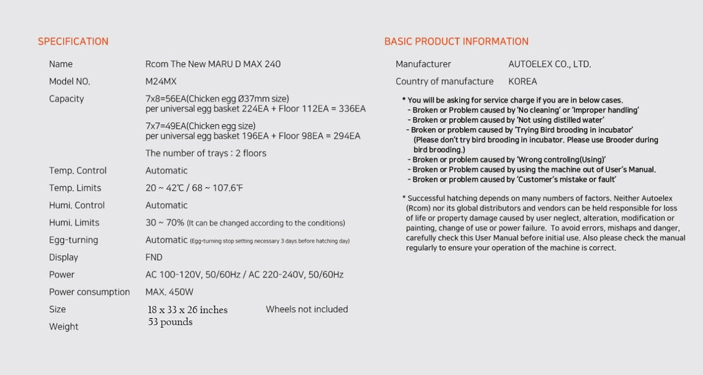 Maru 240D Incubator by Rcom USA,"Product specification and information sheet"