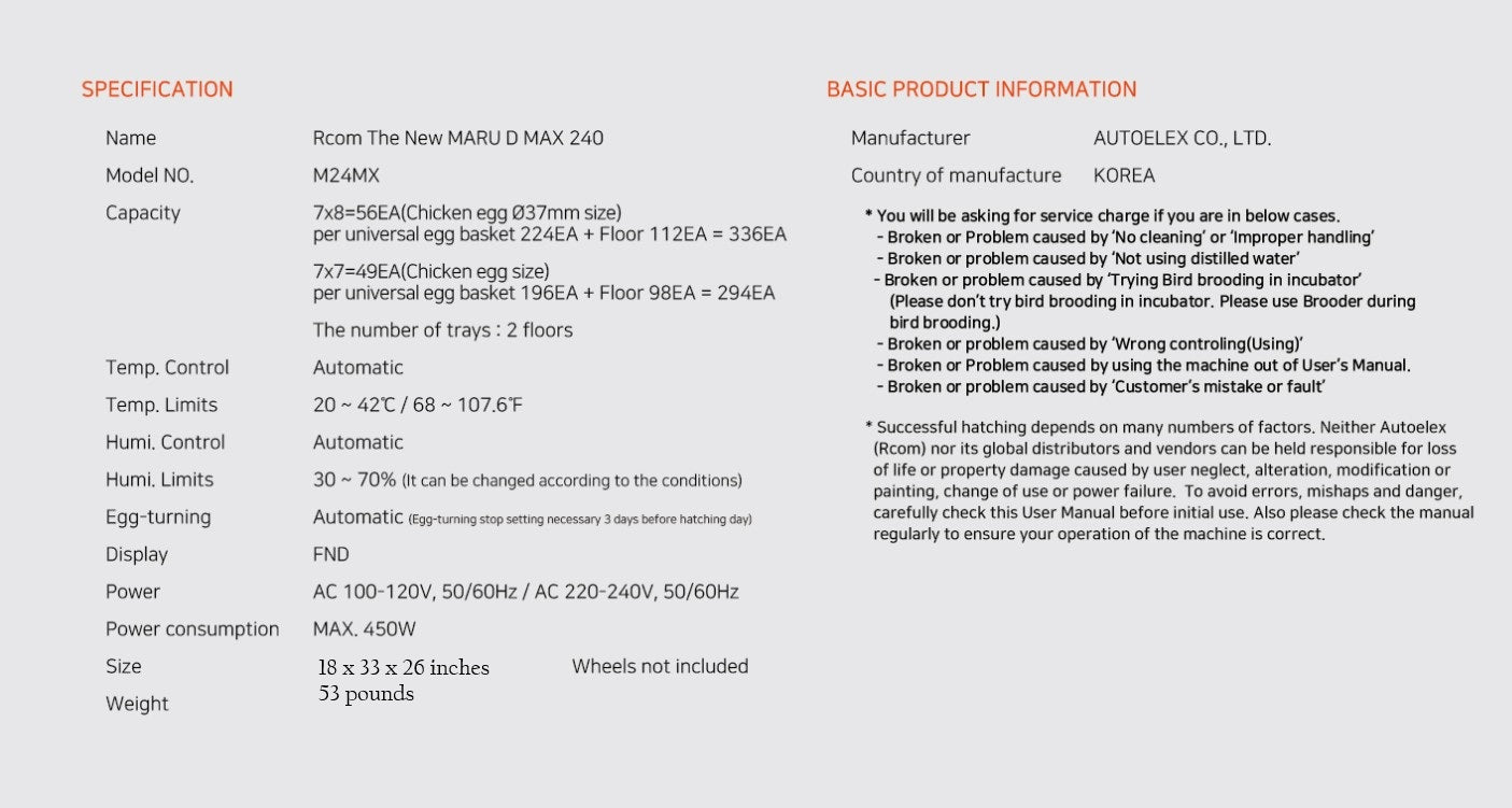 Maru 240D Incubator by Rcom USA,"Product specification and information sheet"