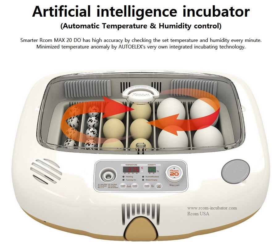 Max-20 DO Incubator by Rcom USA,"Open egg incubator with visible eggs and digital control panel"