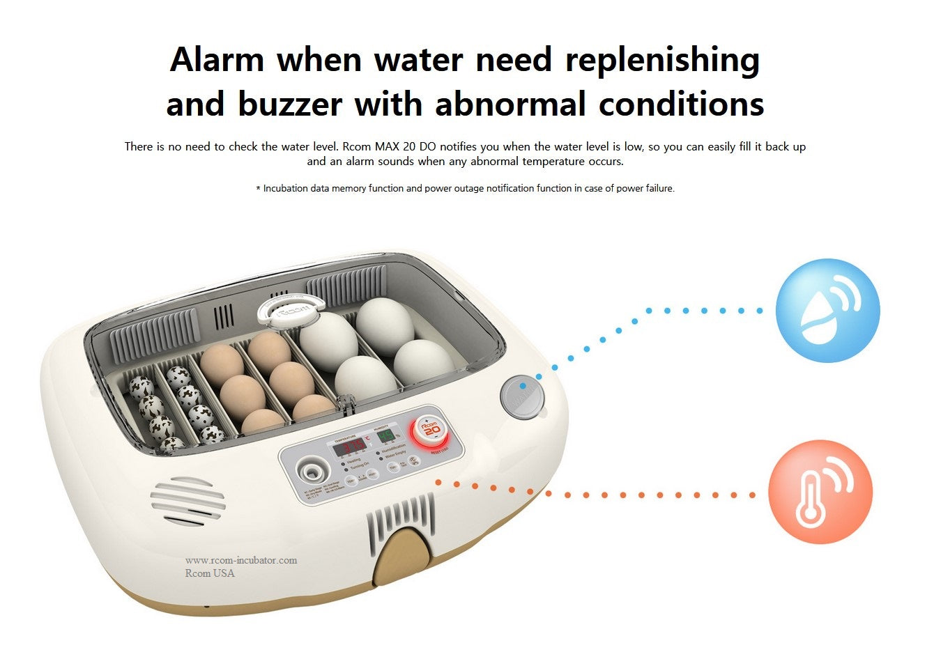 Max-20 DO Incubator by Rcom USA,"Open egg incubator with eggs and alarm icons"