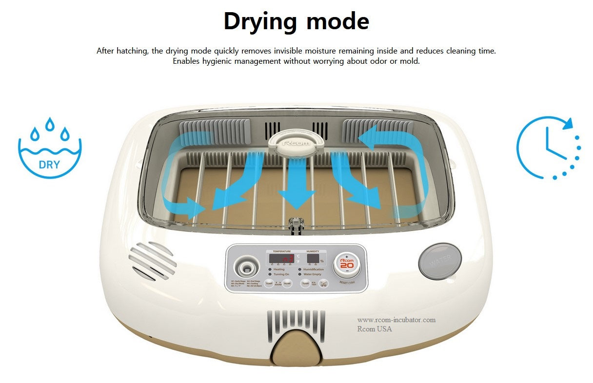 Max-20 DO Incubator by Rcom USA,"Top view of incubator with airflow drying mode diagram"