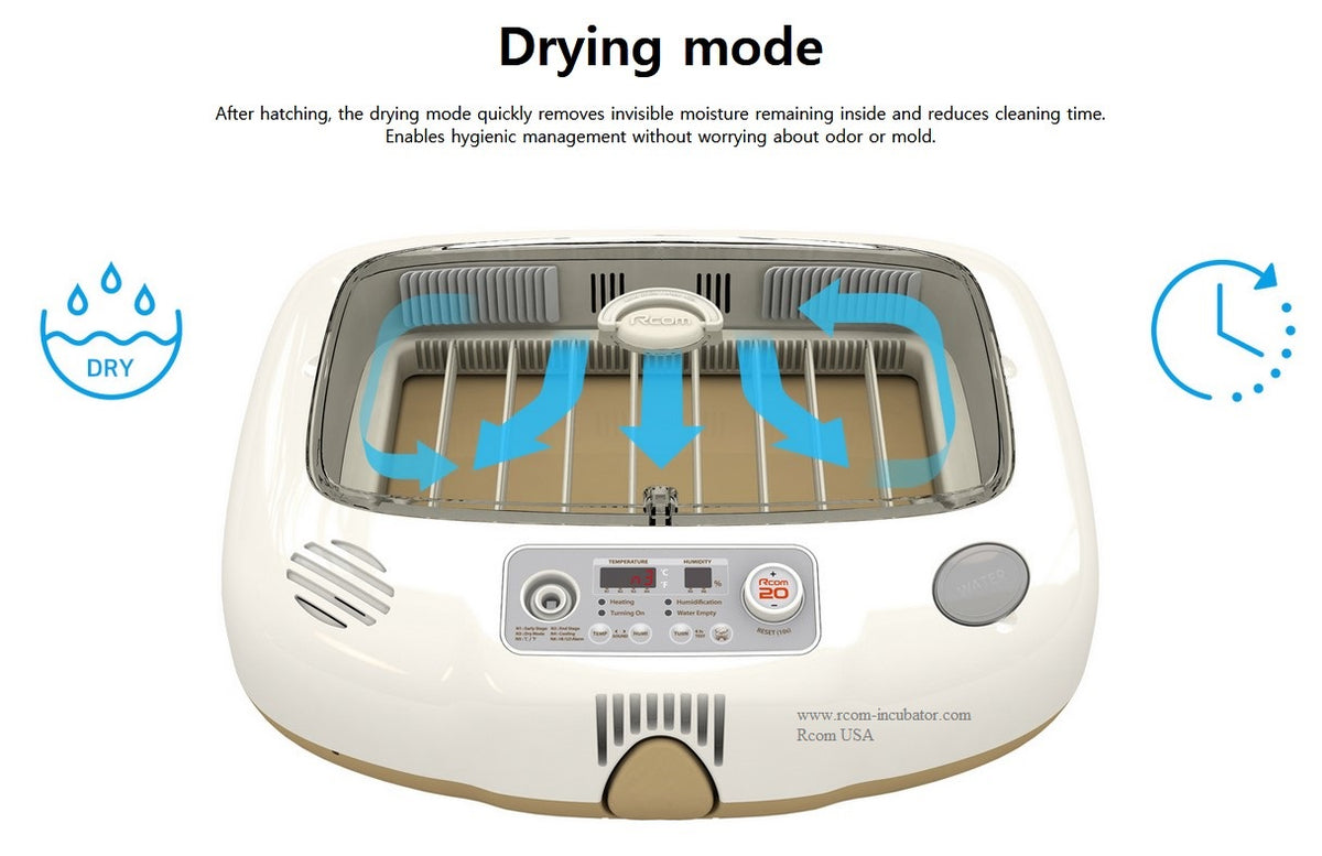Max-20 DO Incubator by Rcom USA,"Top view of incubator with airflow drying mode diagram"