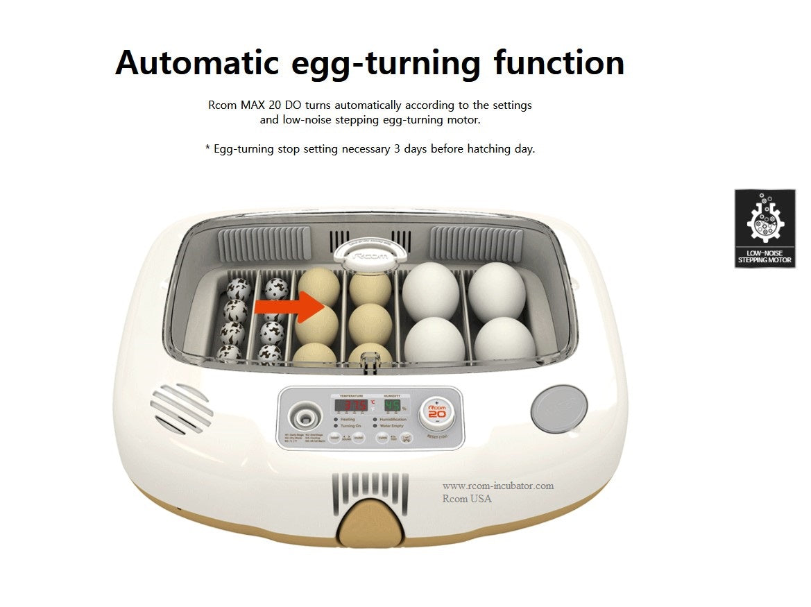 Max-20 DO Incubator by Rcom USA,"Egg incubator with eggs in turning tray under clear lid"