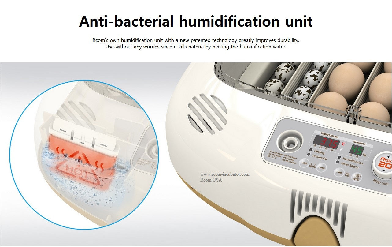 Max-20 DO Incubator by Rcom USA,"Open incubator with control panel and humidification unit detail"