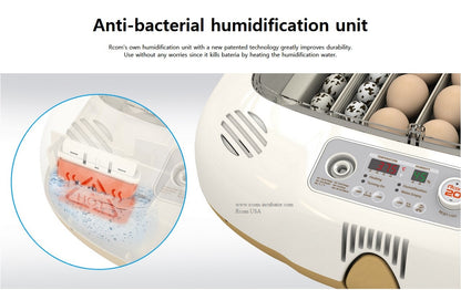 Max-20 DO Incubator by Rcom USA,"Open incubator with control panel and humidification unit detail"