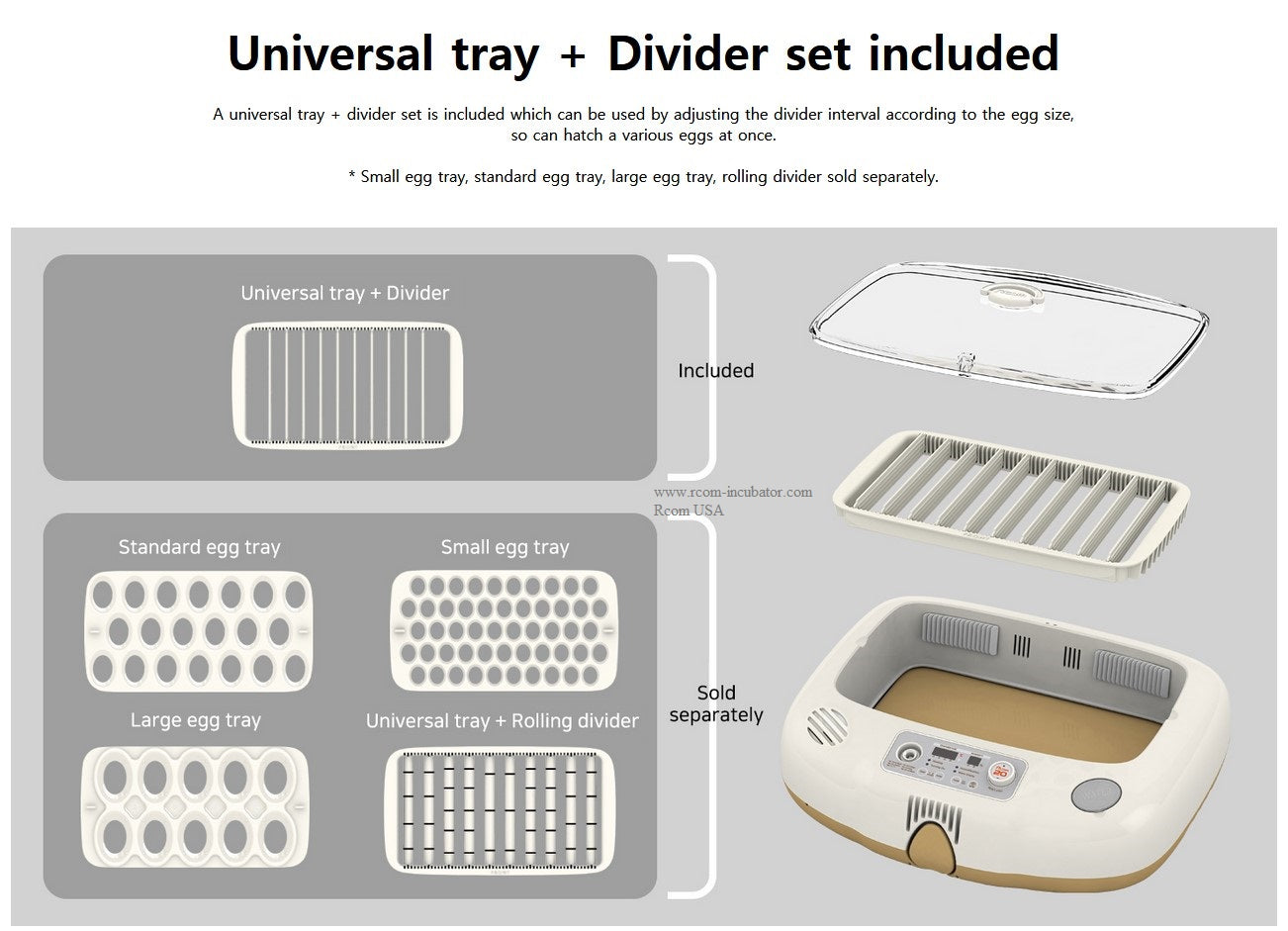 Max-20 DO Incubator by Rcom USA,"Incubator with lid and assorted egg trays"