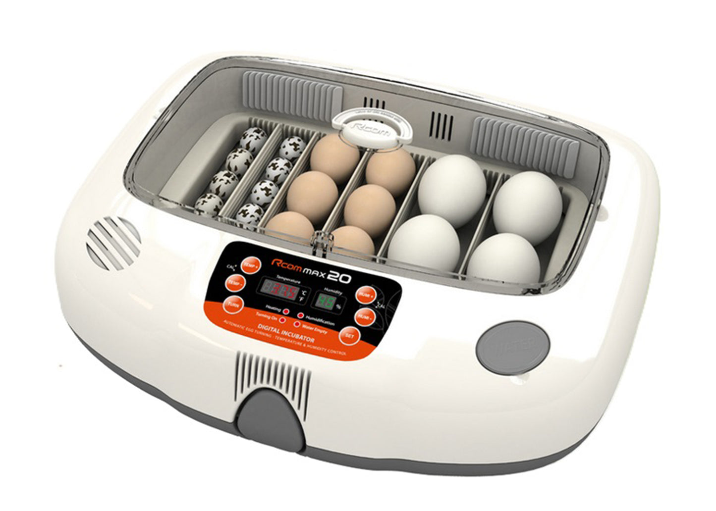 Max-20 Incubator by Rcom USA,"White egg incubator with clear lid and mixed egg tray"