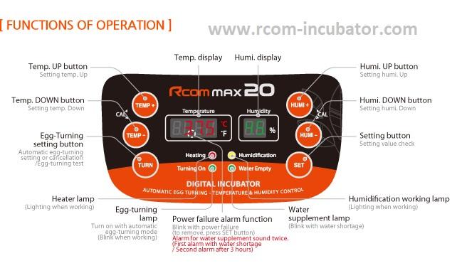 Max-20 Incubator by Rcom USA,"Incubator control panel with labeled buttons and display"