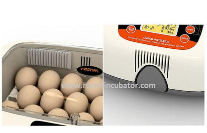 Max-20 Incubator by Rcom USA,"Egg incubator with eggs inside and front control panel"