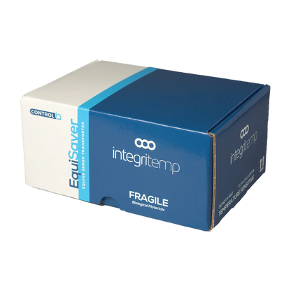 EquiSaver Cooled Semen Shipper,"Blue and white insulated shipping box, angled front view"