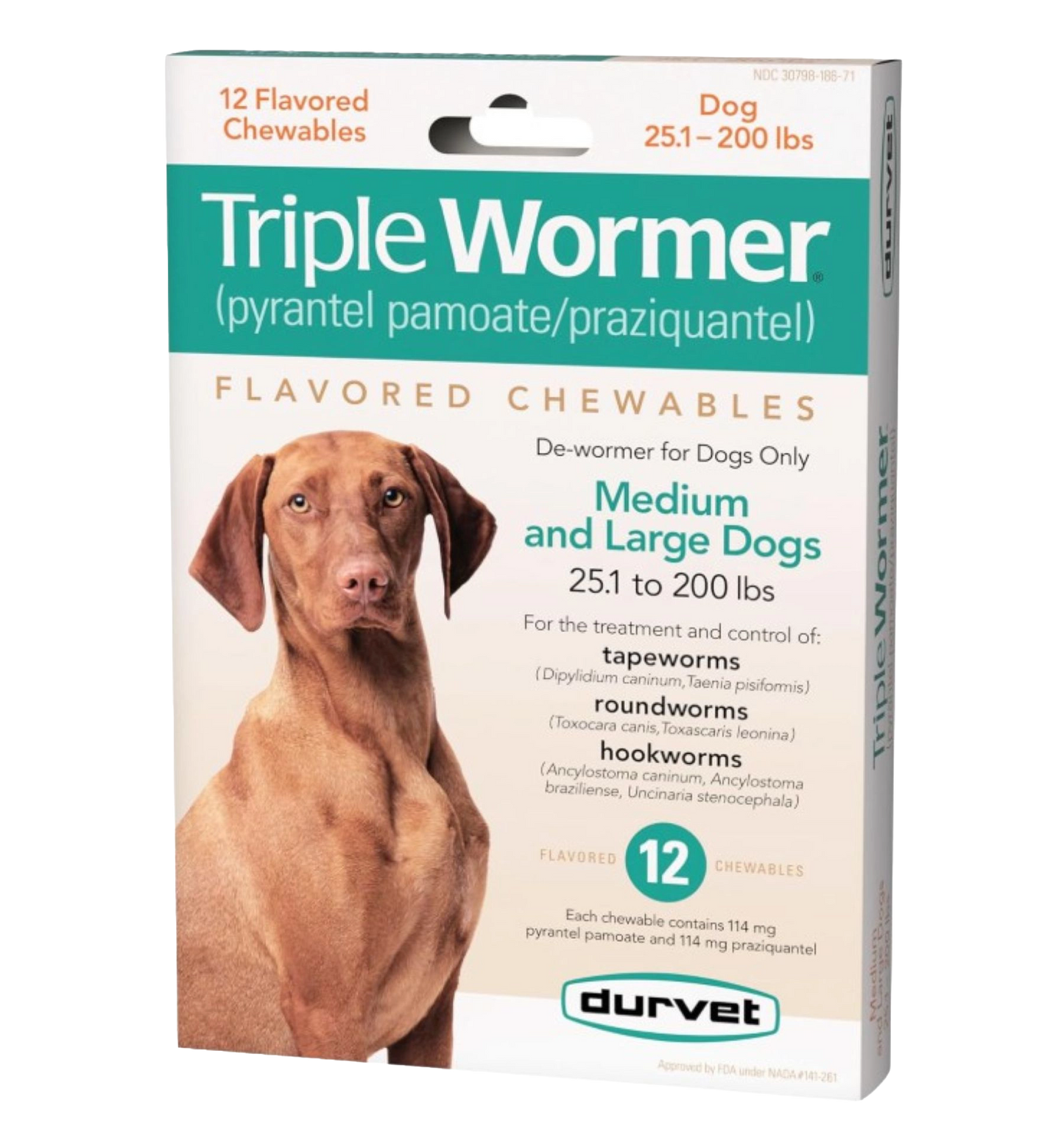 Triple Wormer®,"Front of chewable dog dewormer box with dog photo"