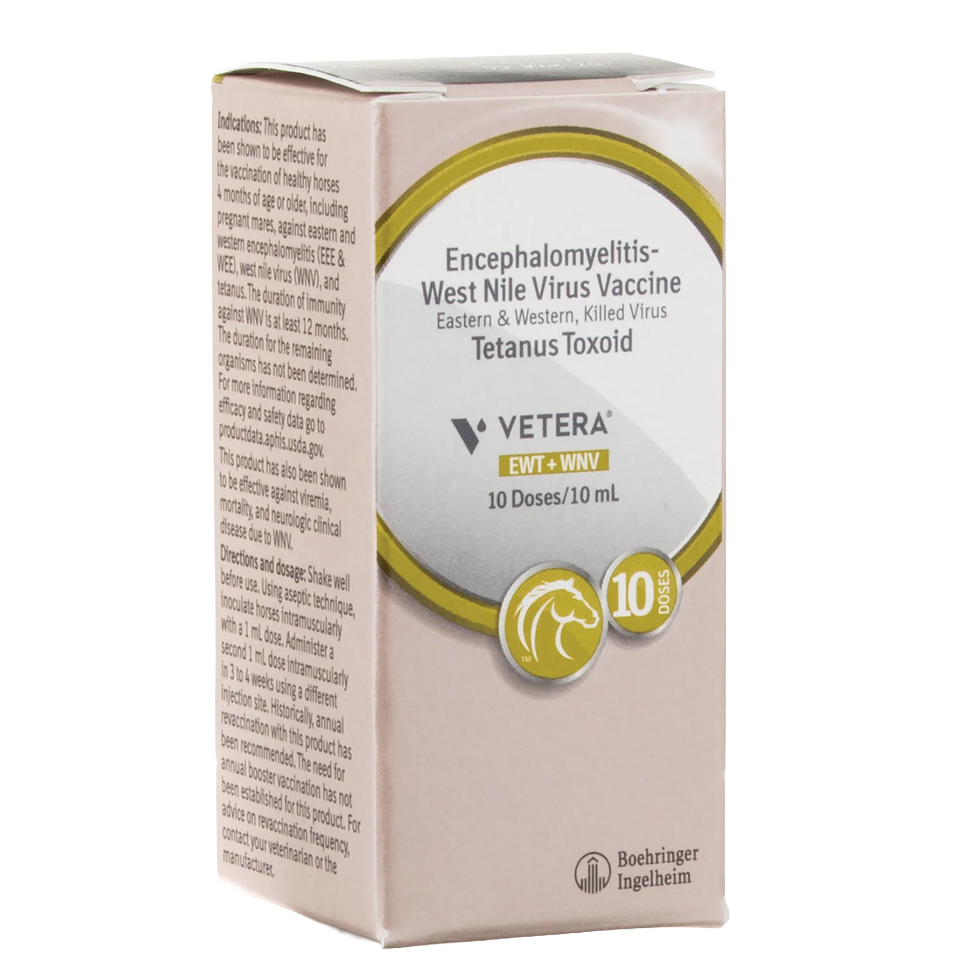 VETERA® EWT+WNV, 10 dose vial,"Angled product box with front and side panels visible"