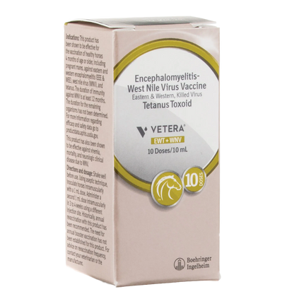VETERA® EWT+WNV, 10 dose vial,"Angled product box with front and side panels visible"