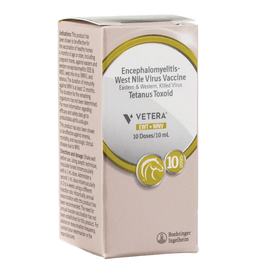 VETERA® EWT+WNV, 10 dose vial,"Angled product box with front and side panels visible"