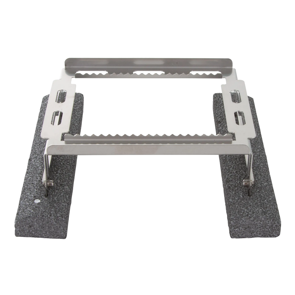 Floating Straw Rack,"Metal rack with black foam pontoons and slotted holders"