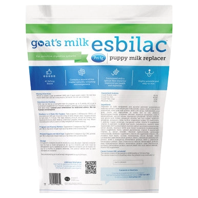 Goats Milk Esbilac® Puppies,"Back of resealable pouch with blue label panel"