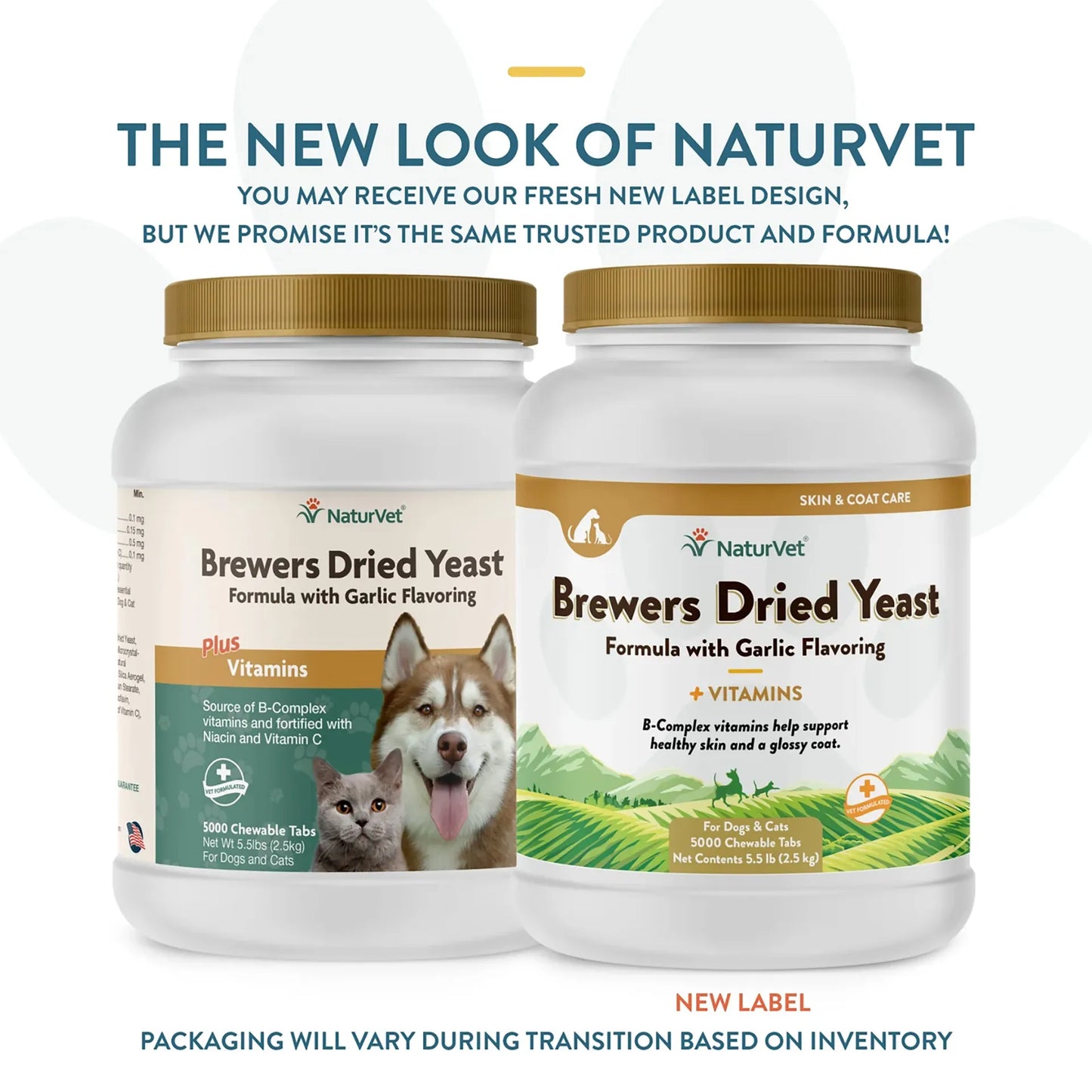 Brewers Dried Yeast Formula with Garlic Flavoring,"Two white supplement jars showing old and new label packaging"