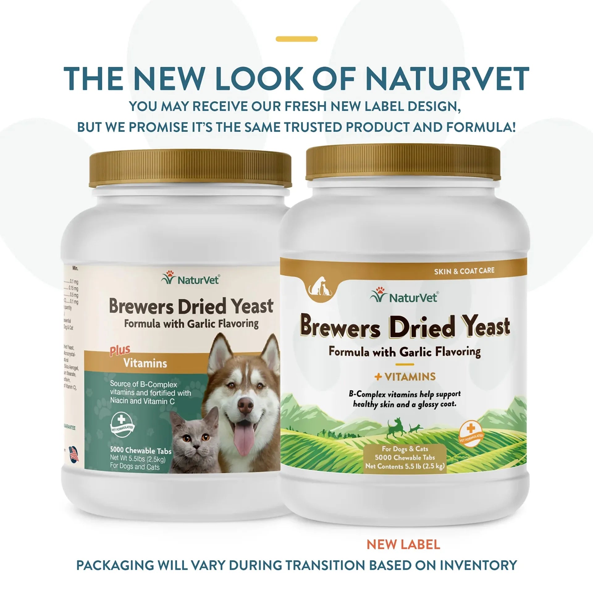 Brewers Dried Yeast Formula with Garlic Flavoring,"Two white supplement jars showing old and new label packaging"