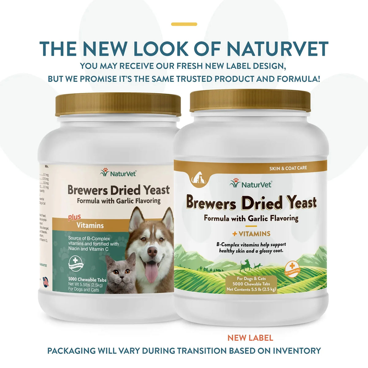Brewers Dried Yeast Formula with Garlic Flavoring,"Two white supplement jars showing old and new label packaging"