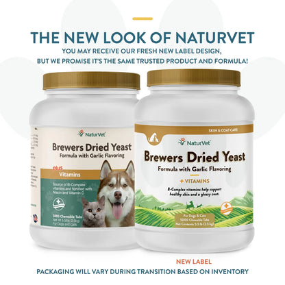 Brewers Dried Yeast Formula with Garlic Flavoring,"Two white supplement jars showing old and new label packaging"