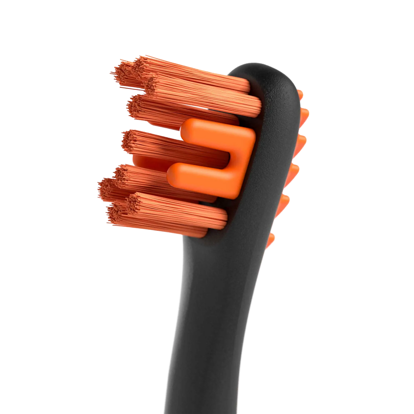 BrushMate Premium Toothbrush with Biteblock,"Close-up of toothbrush head with orange bristles and bite block"