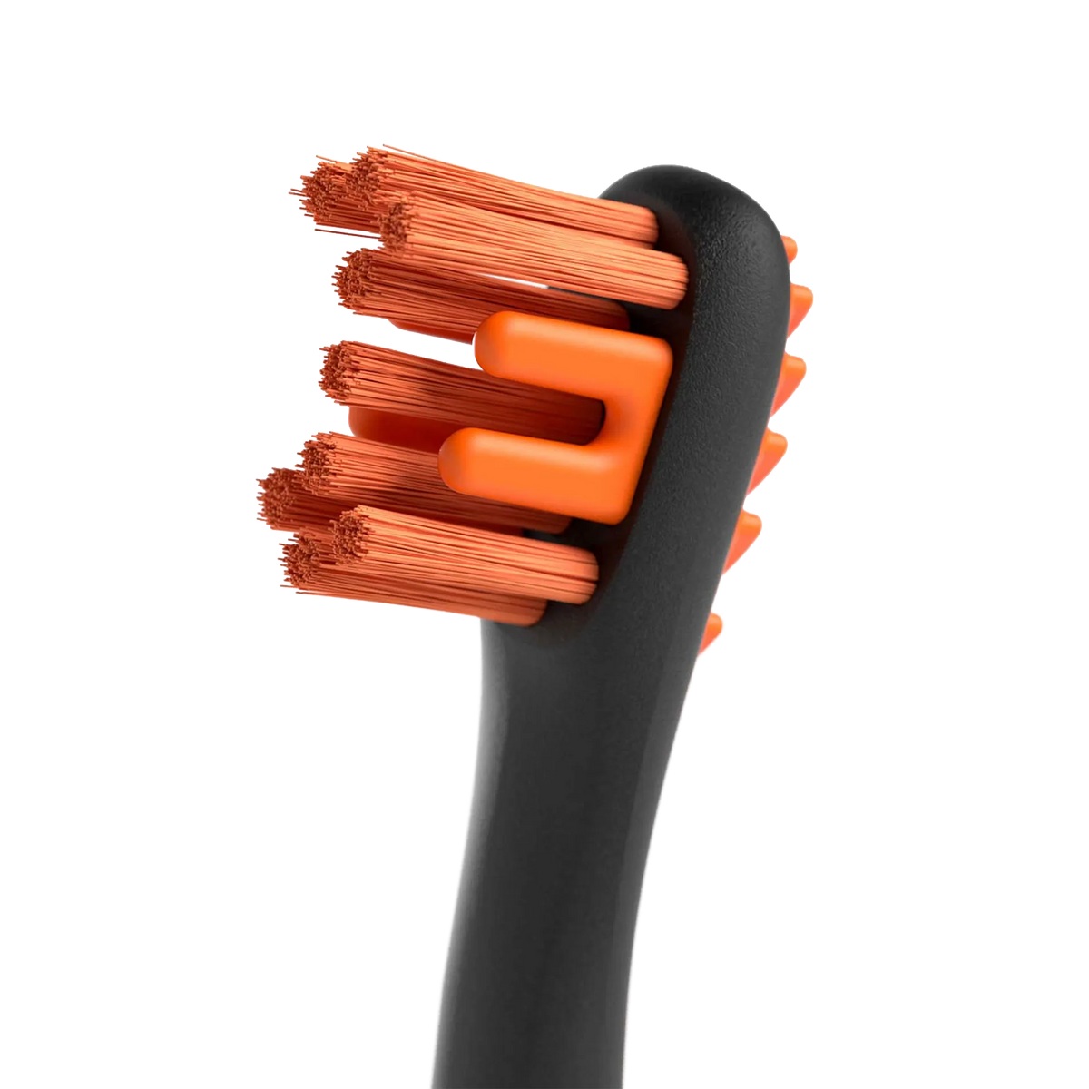 BrushMate Premium Toothbrush with Biteblock,"Close-up of toothbrush head with orange bristles and bite block"