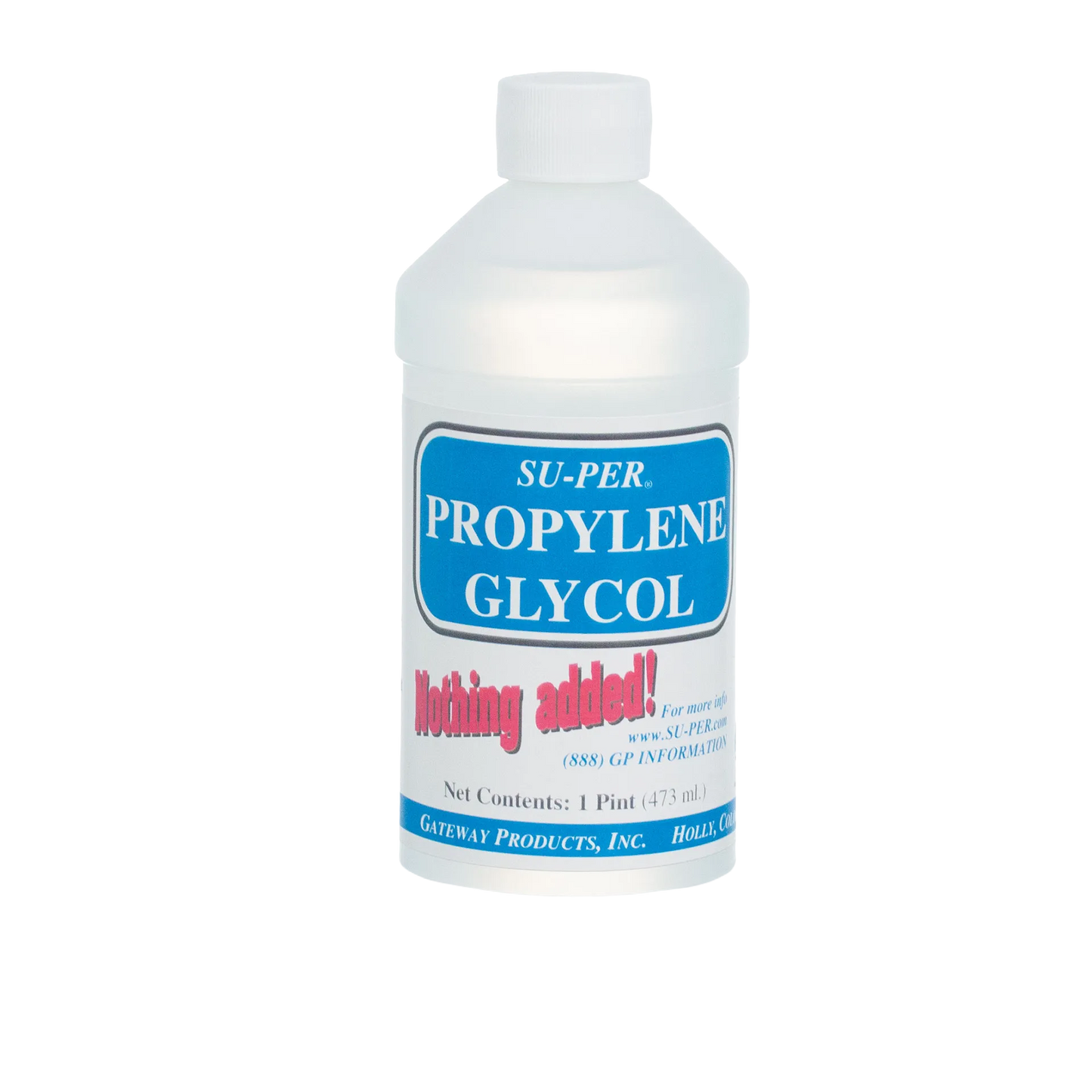 Propylene Glycol,"White bottle with screw cap and blue front label"