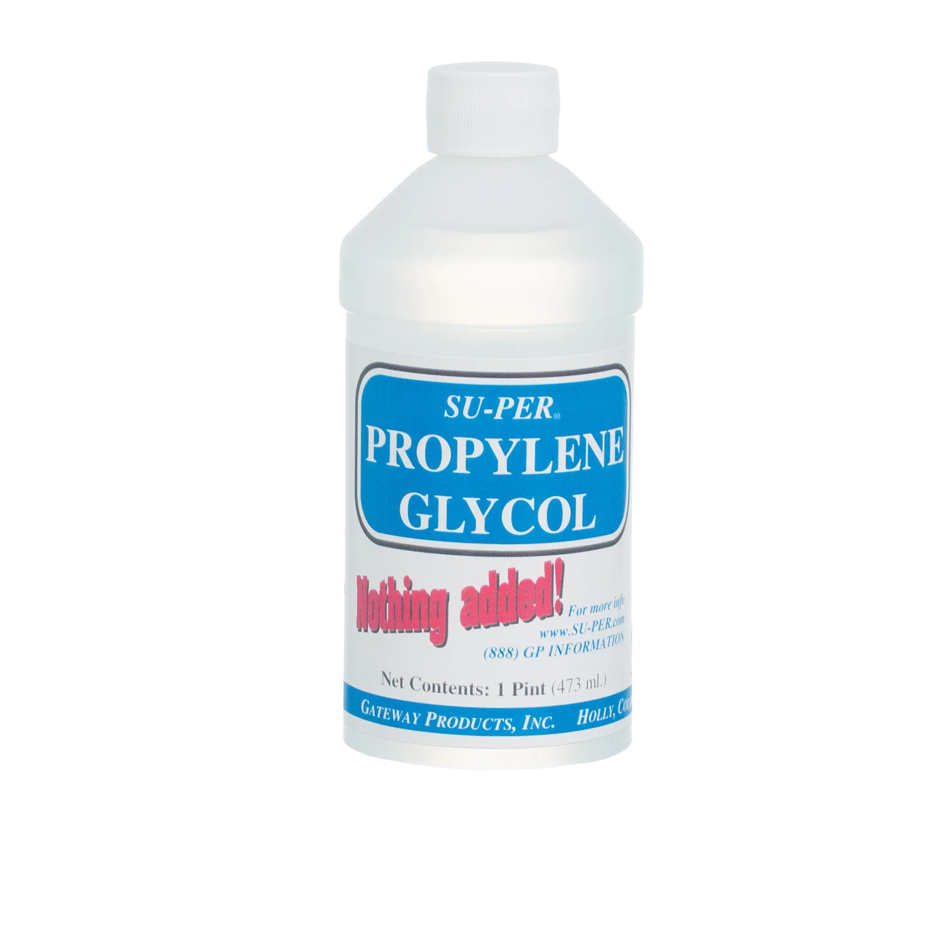 Propylene Glycol,"White bottle with screw cap and blue front label"