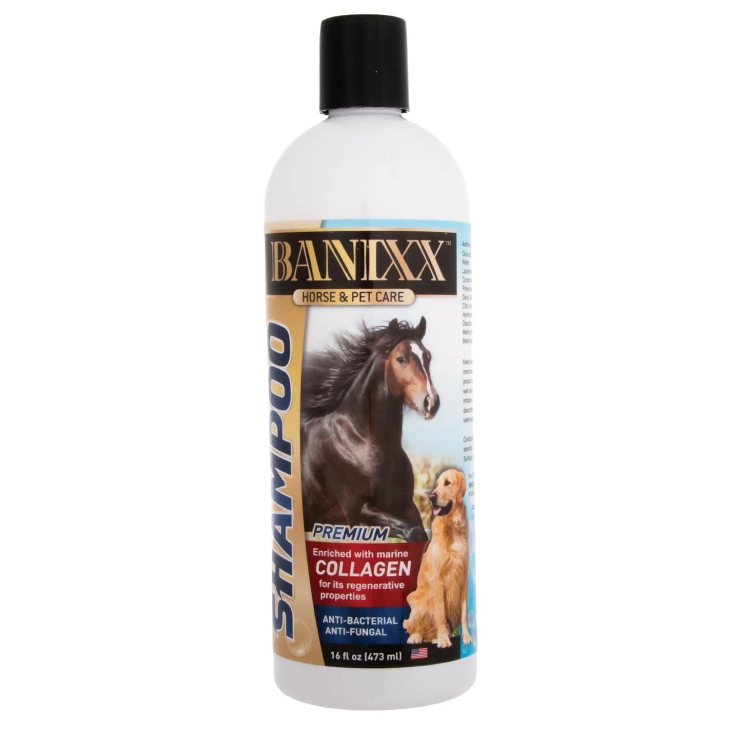 Banixx® Medicated Shampoo,"White bottle with black cap and horse and dog label"