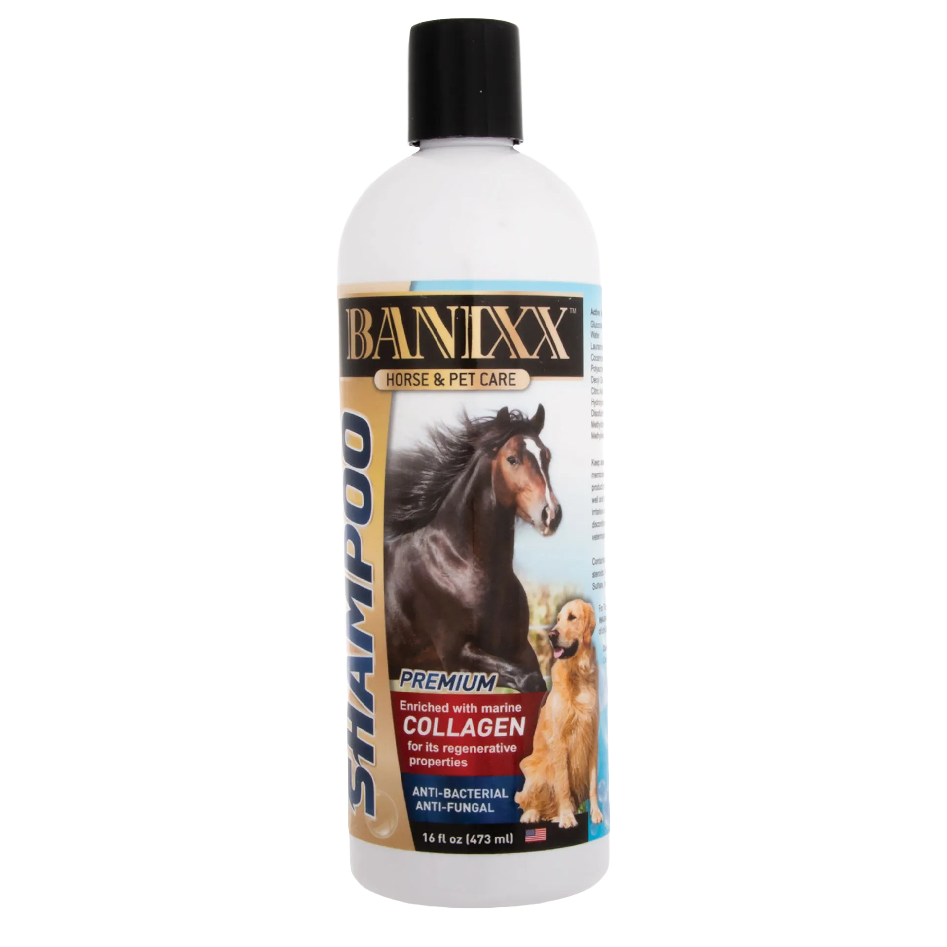 Banixx® Medicated Shampoo,"White bottle with black cap and horse and dog label"