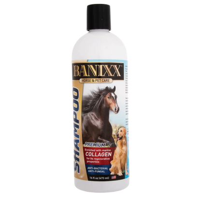 Banixx® Medicated Shampoo,"White bottle with black cap and horse and dog label"
