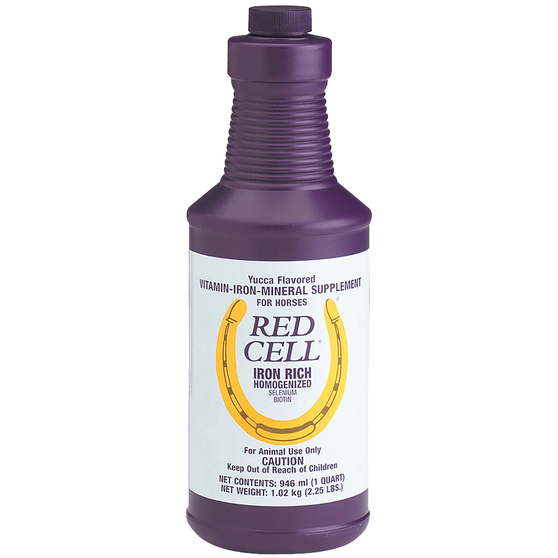Red Cell®,"Purple bottle with white label and yellow horseshoe graphic"