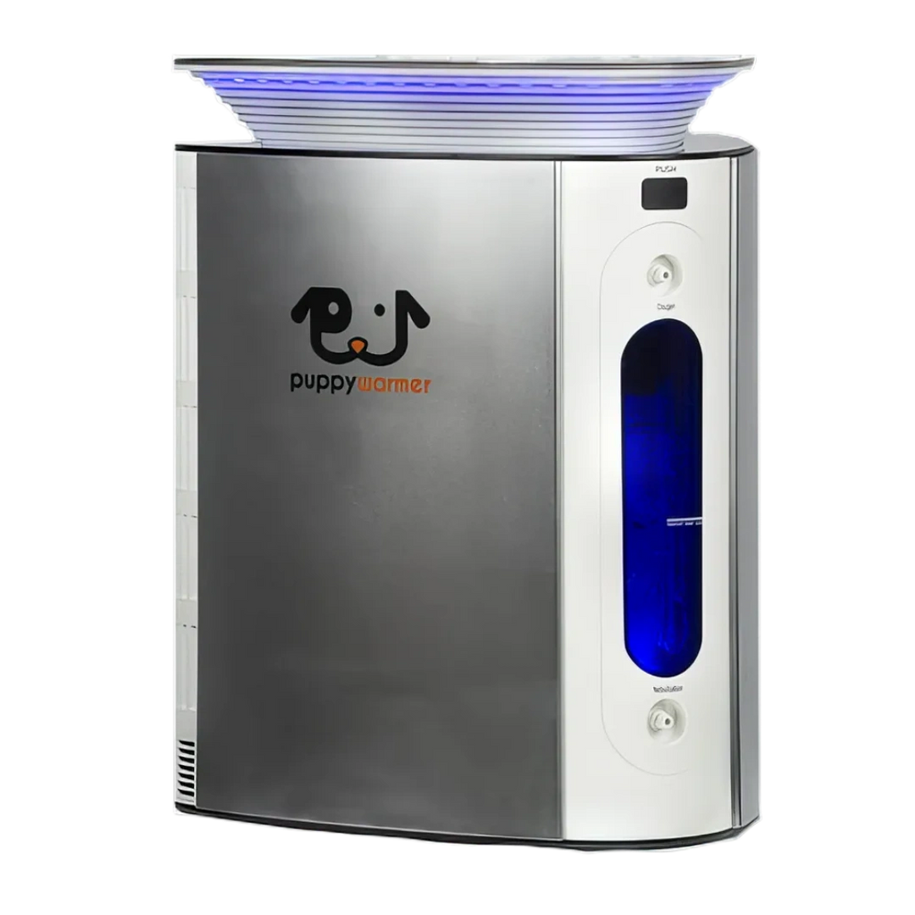 Puppywarmer® Oxygen Concentrator,"Front view of silver unit with blue side reservoir window"