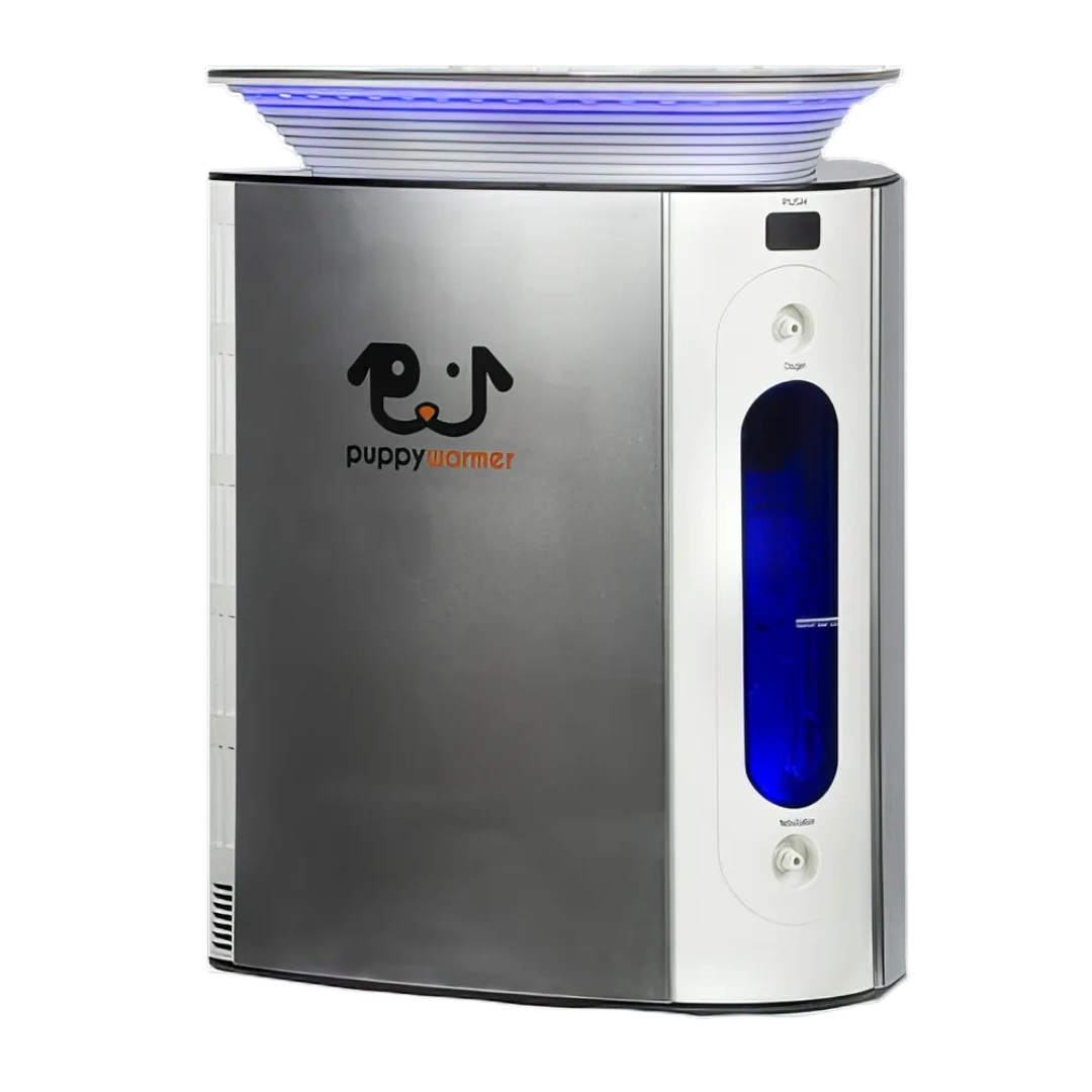 Puppywarmer® Oxygen Concentrator,"Front view of silver unit with blue side reservoir window"