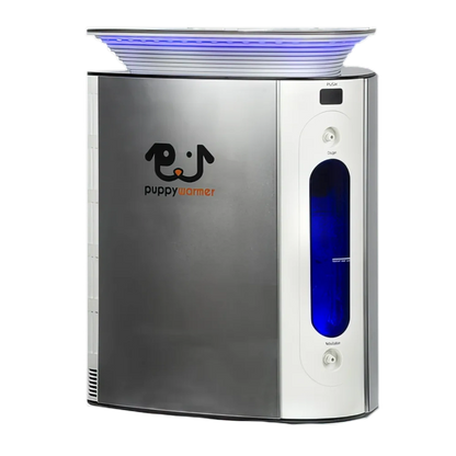Puppywarmer® Oxygen Concentrator,"Front view of silver unit with blue side reservoir window"