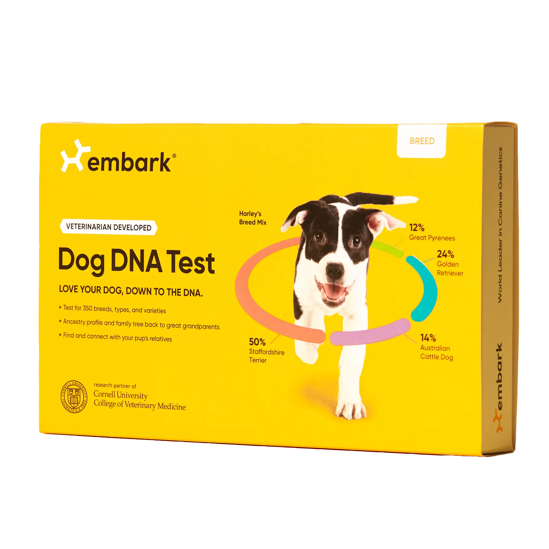 Embark Breed Identification DNA Test,"Yellow dog DNA test box with dog photo and side panel view"