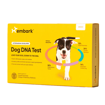 Embark Breed Identification DNA Test,"Yellow dog DNA test box with dog photo and side panel view"