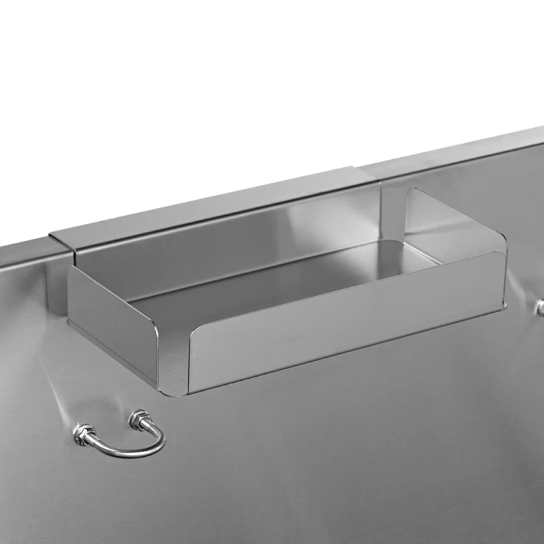 Dog Grooming Electric Tub with Lift-up Door by Waggz,"Stainless steel tub side panel with mounted storage tray"