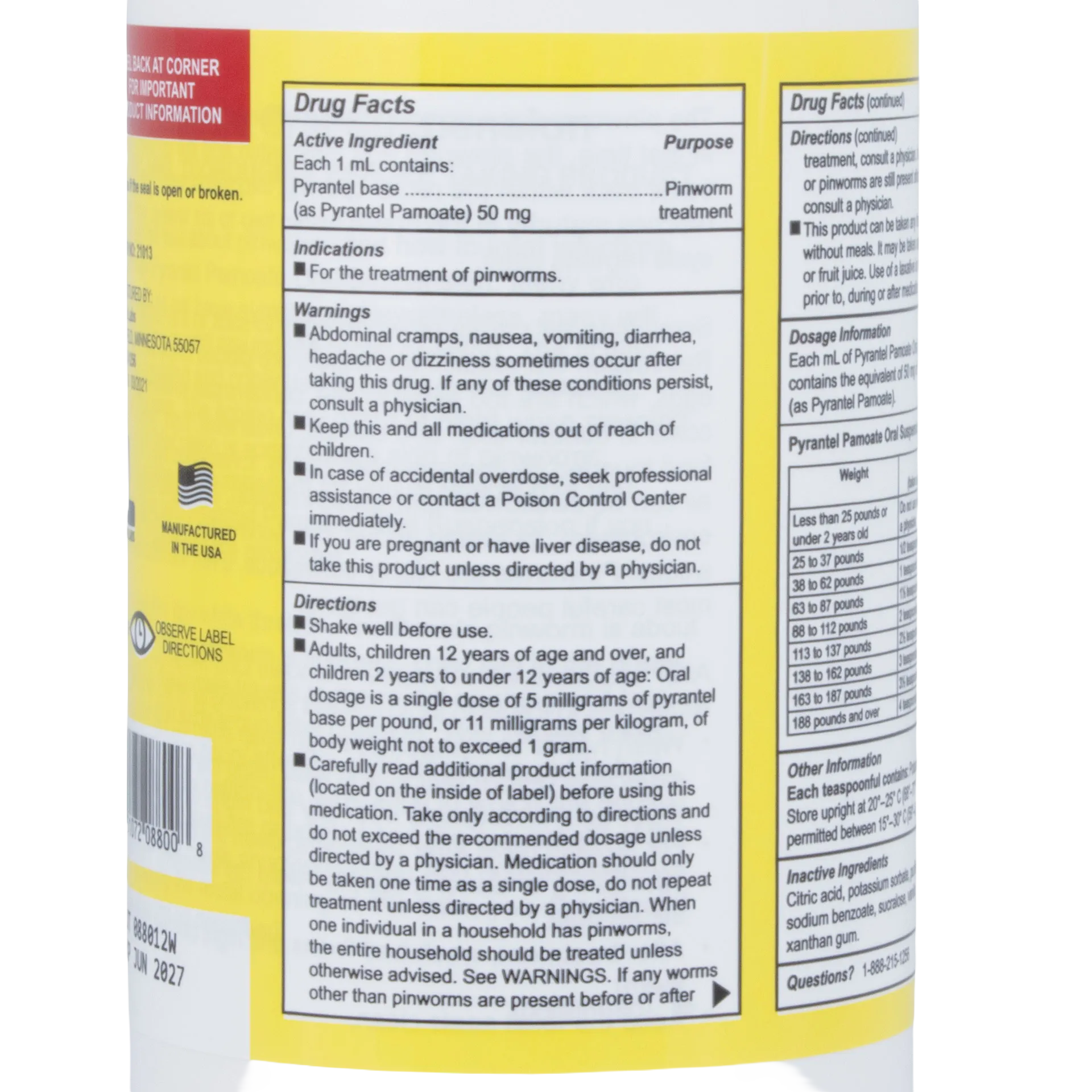 Pyrantel Pamoate Suspension, 50mg,"Yellow bottle label with drug facts and dosage table"